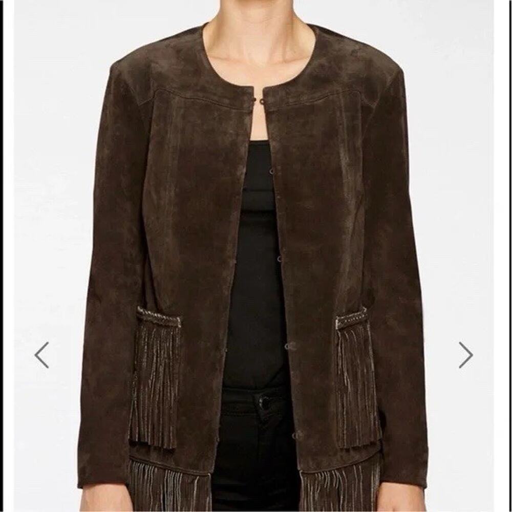 Blank NYC Genuine Suede Leather Fringe Collarless Jacket Western M